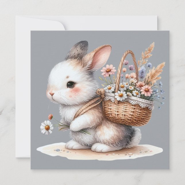 Carte Joli lapin aux fleurs Aquarelle Art (Devant)