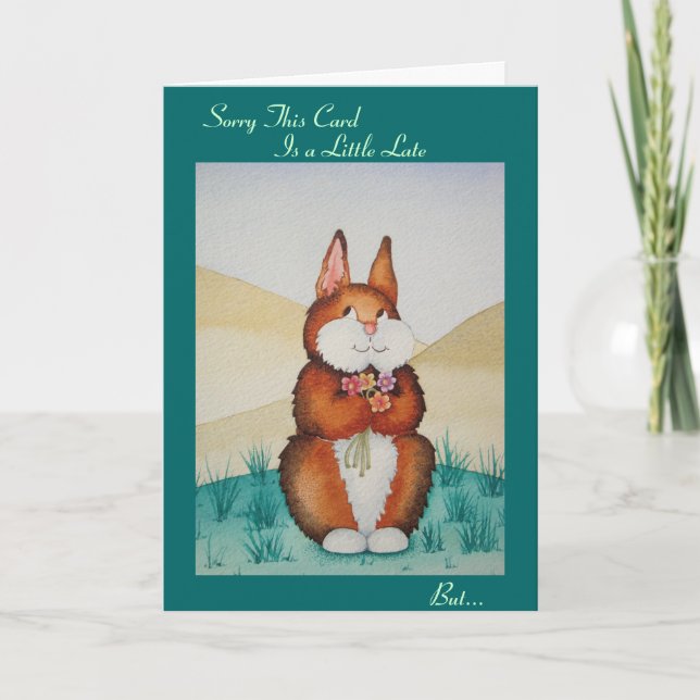 Carte Joli lapin brun et fleurs fête tardive (Devant)