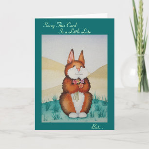 Carte Joli lapin brun et fleurs fête tardive