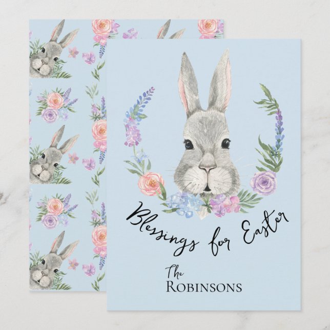 Carte Joli lapin de Pâques avec couronne de fleurs (Devant / Derrière)