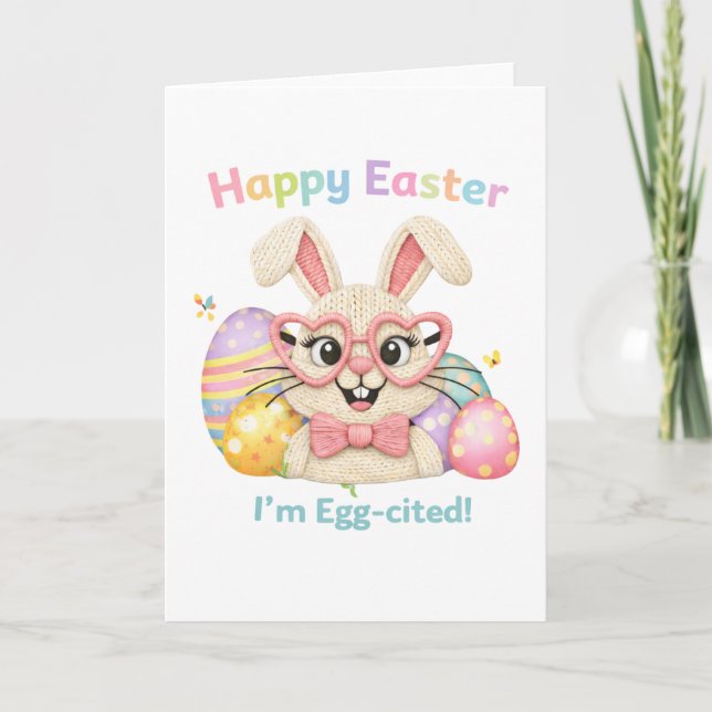 Carte Joli Lapin de Pâques tout excité (Devant)