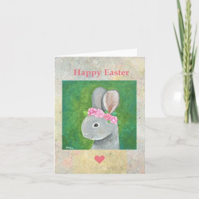 Carte Joli lapin lapin avec Couronne Fleur Pâques (Devant)