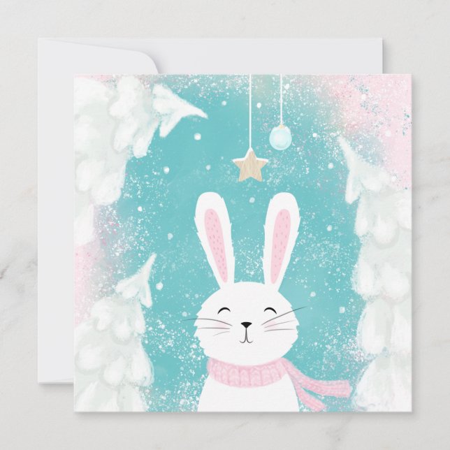 Carte Joli lapin rose et menthe de Noël (Devant)