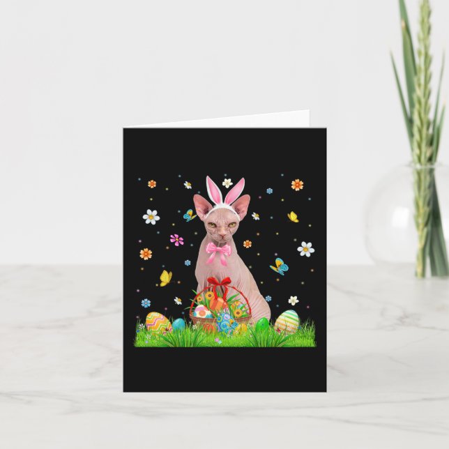 Carte Joli Lapin Sphynx Chat Et Pâques Panier Oeufs Pâqu (Devant)