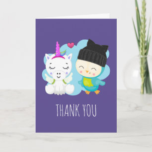Carte Joli licorne de dessin animé et amis oiseaux Merci
