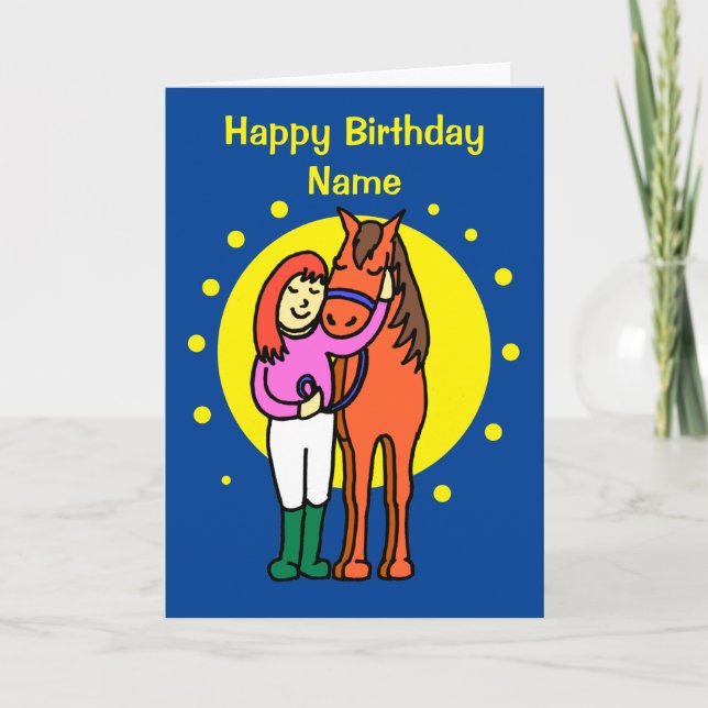 Carte Joli Minuit Bleu Cheval et Cartoon Fille Anniversa (Devant)