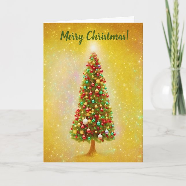 Carte Joli Noël Arbre d'or Lumière Vacances (Devant)