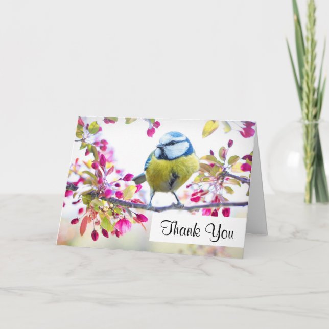 Carte Joli Oiseau bleu et jaune sur un Merci de branche (Devant)