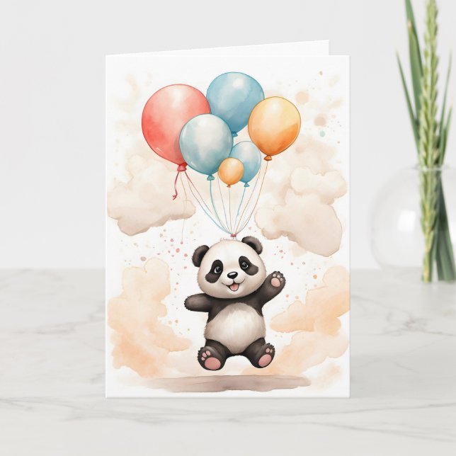 Carte Joli panda à l'aquarelle Ballons jaunes et bleus V (Devant)