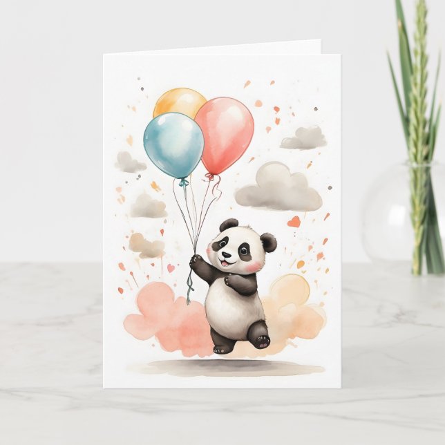 Carte Joli panda à l'aquarelle Ballons jaunes et bleus V (Devant)