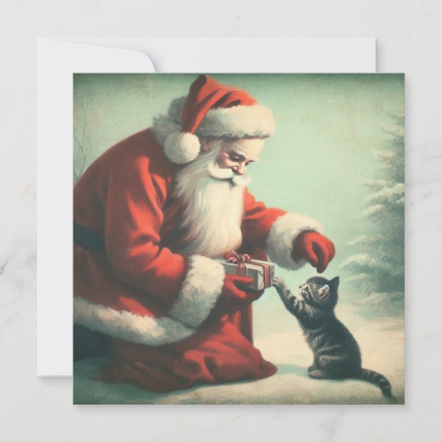 Carte Joli Père Noël vintage avec chaton  (Devant)