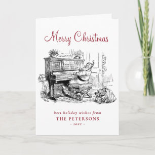 Carte Joli Père Noël Vintage avec piano et enfants
