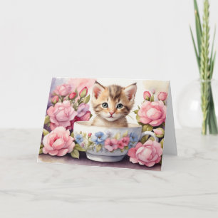 Carte Joli petit chat à l'aquarelle dans une tasse à thé