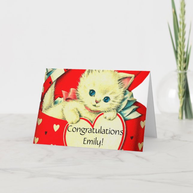 Carte Joli petit chat coeur vintage chat rétro (Devant)