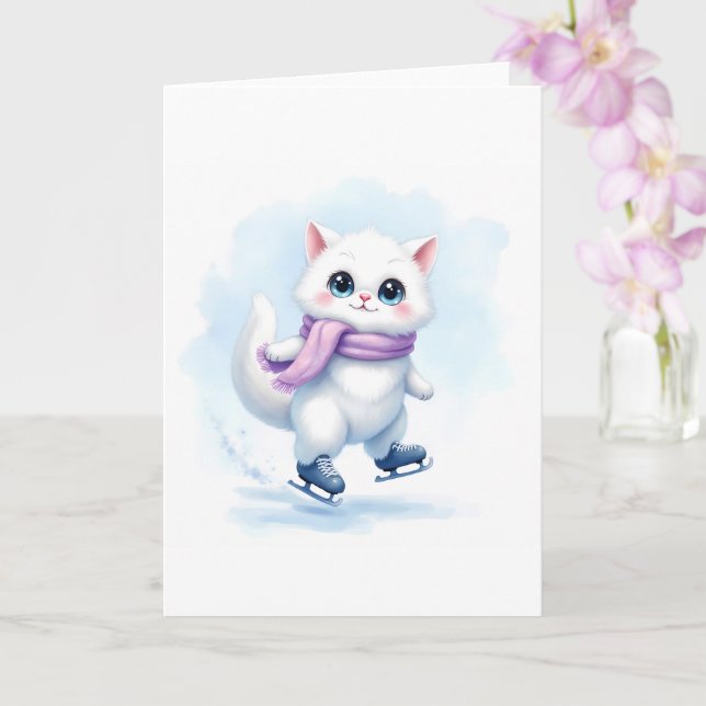 Carte Joli petit chaton blanc d'hiver patinage artistiqu (Orchidée)