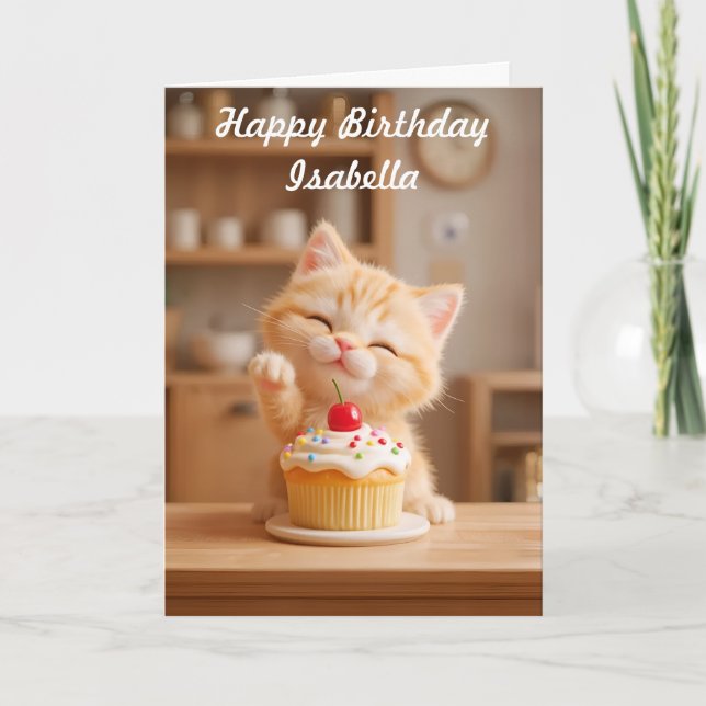 Carte Joli petit chaton orange avec un Cupcake (Devant)