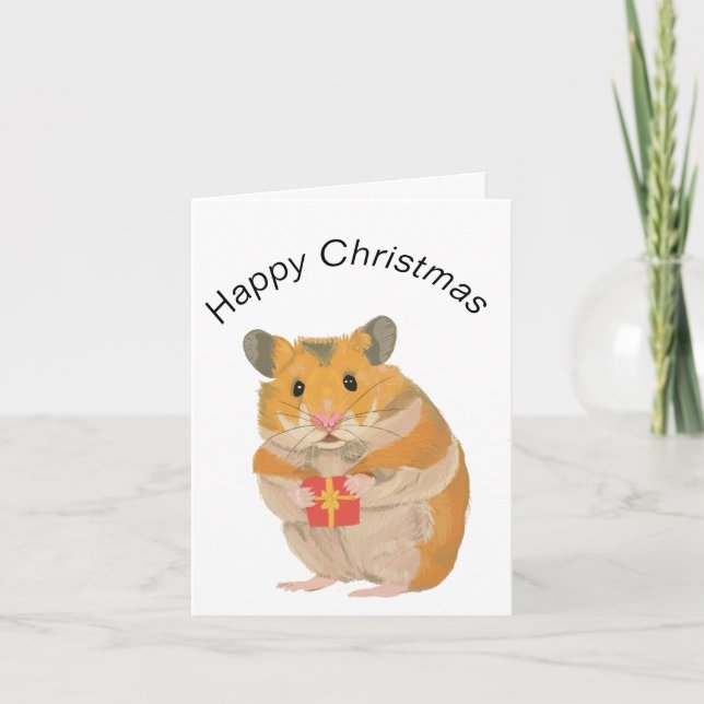 Carte Joli petit Hamster de Noël tenant un cadeau (Devant)