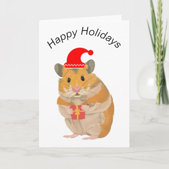 Carte Joli petit Hamster de Noël tenant un cadeau (Devant)
