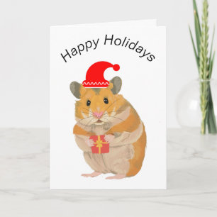 Carte Joli petit Hamster de Noël tenant un cadeau