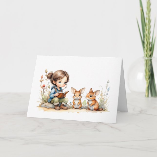 Carte Joli petit livre fille yeux bleus lapins fleurs  (Devant)
