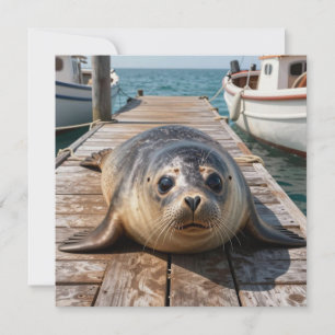 Carte Joli phoque allongé sur la jetée de bateau du quai