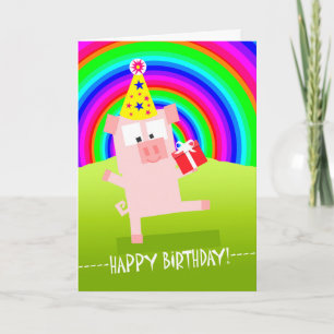 Carte Joli porc d'anniversaire sous ciel arc-en-ciel