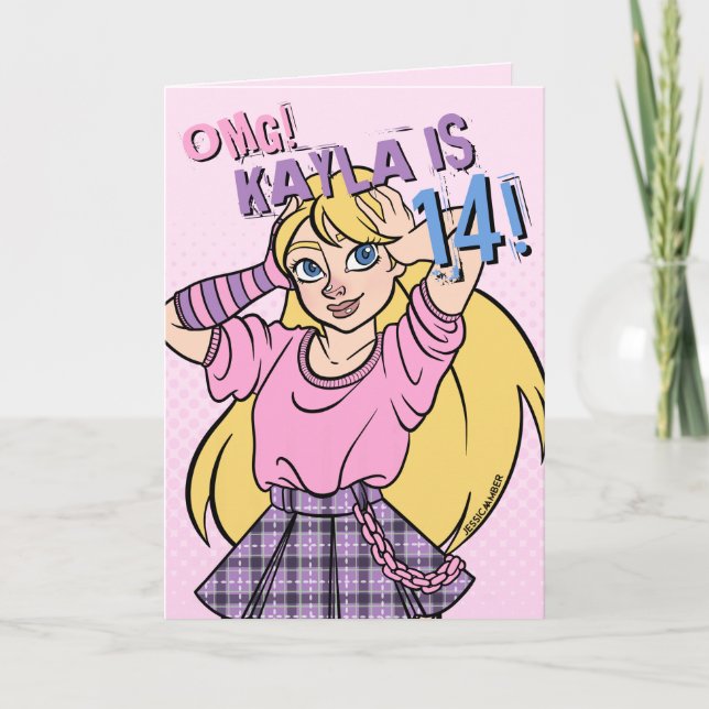 Carte Joli Punk Ado fille rose 14e anniversaire (Devant)