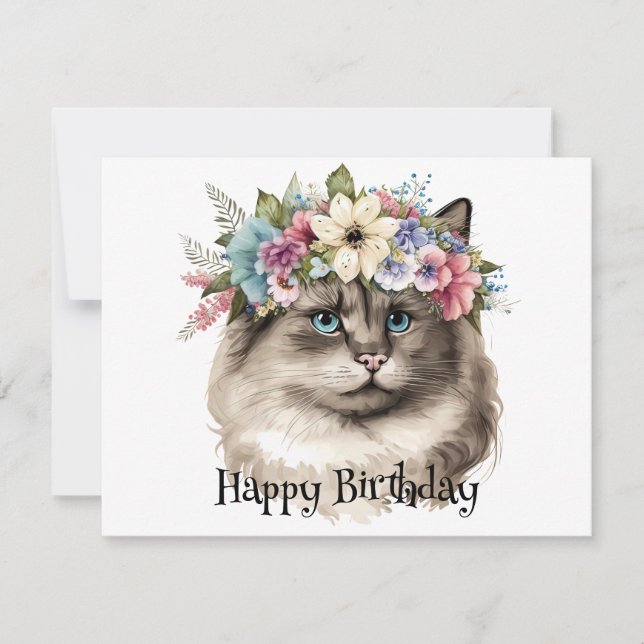 Carte Joli Ragdoll Chat Floral Personnalisé Anniversaire (Devant)