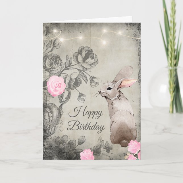 Carte Joli style Vintage Roses et lapin Anniversaire (Devant)