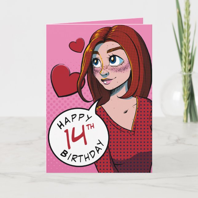 Carte Jolie Ado de dessin fille rose 14e anniversaire (Devant)