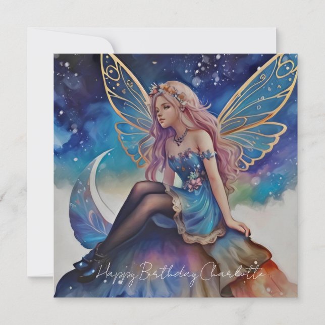 Carte Jolie aquarelle bleue Fairy Anniversaire (Devant)