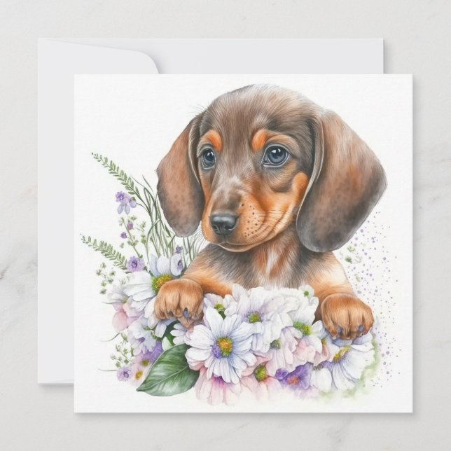 Carte Jolie aquarelle Dachshund Puppy Floral (Devant)