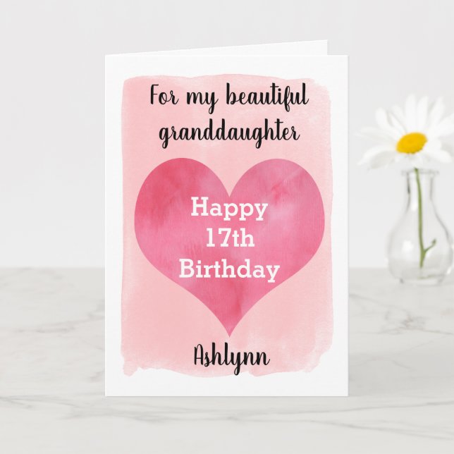 Carte Jolie Aquarelle rose 17e anniversaire Grandgirl (Petite plante)