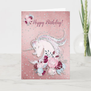 Carte Jolie aquarelle Unicorn rose et argent Accents
