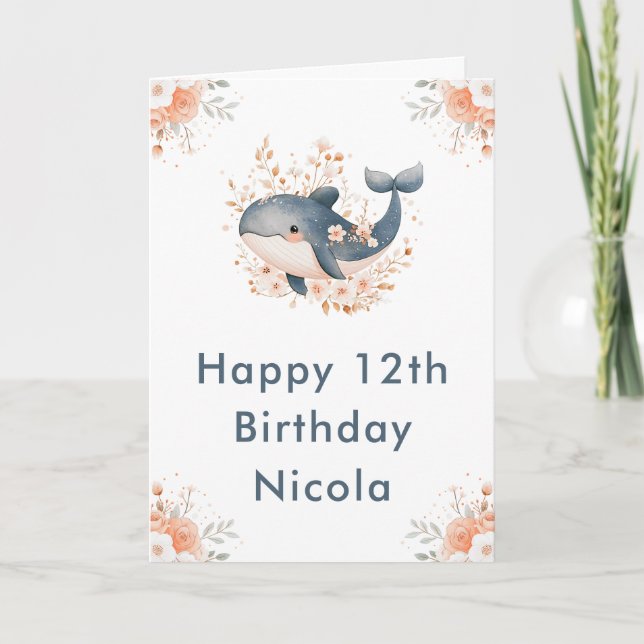 Carte Jolie baleine florale Joyeux anniversaire (Devant)