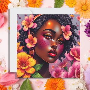 Carte Jolie Dame de Couleur Fleurs Roses Personnalisées