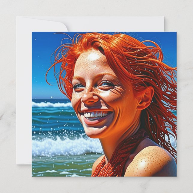 Carte Jolie Dame rouge Haired à Beach ai art (Devant)