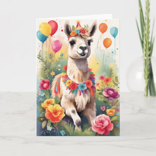 Carte Jolie et joyeuse Llama en plein air célébrant Ca