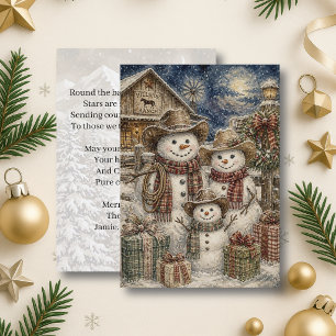 Carte Jolie Famille de Bonhomme de Neige Rustique Countr