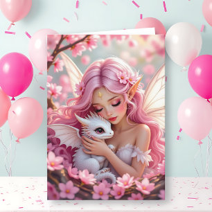 Carte Jolie Fée Elfe Rose & Dragon   Joyeux Anniversaire