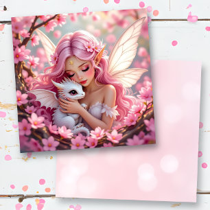 Carte Jolie fée elfe rose et dragon vierge