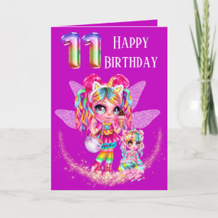 Carte Jolie fée onzième anniversaire arc-en-ciel magie a