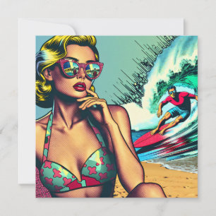 Carte Jolie femme rétro blonde et mec surfeur