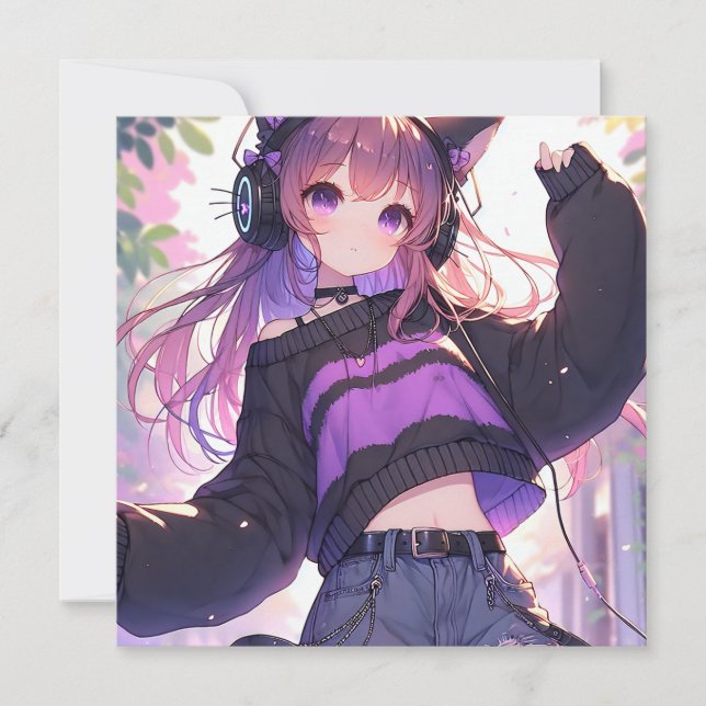 Carte Jolie fille Anime dans casque avec oreilles de cha (Devant)