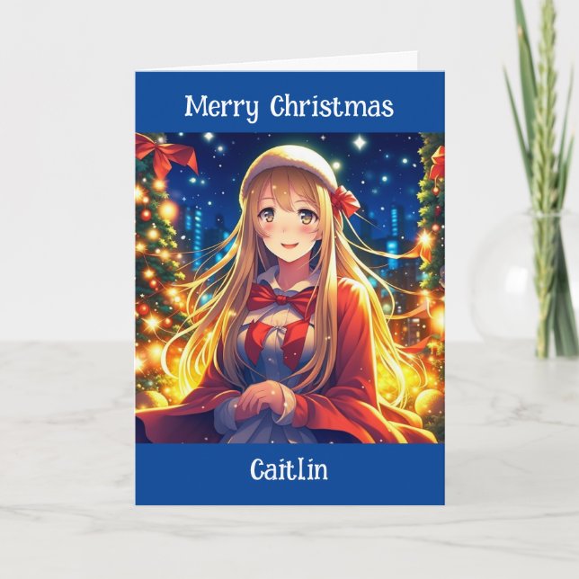 Carte Jolie fille Anime pendant Noël de jour d'hiver (Devant)