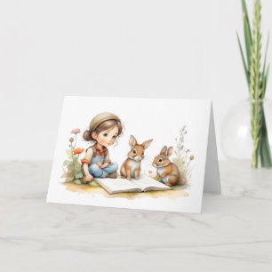 Carte Jolie fille aux yeux verts Livre lapins Fleurs Bla