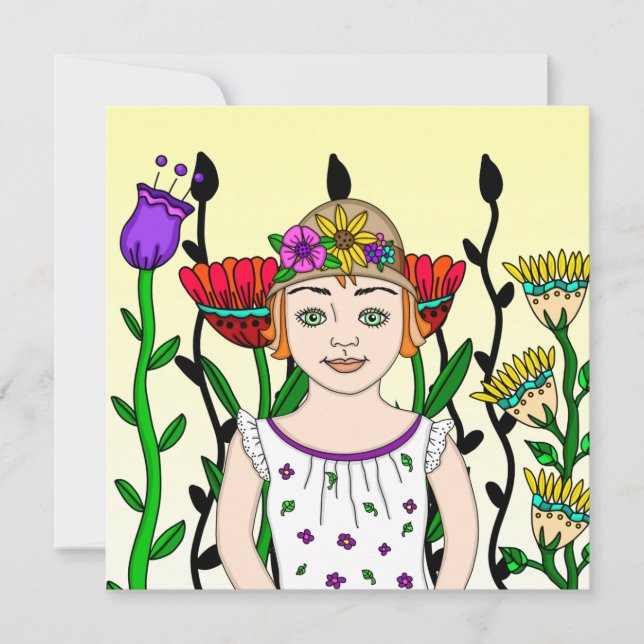 Carte Jolie fille avec Arrière - plan floral (Devant)