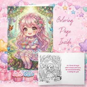 Carte Jolie Fille avec Gâteau d'Anniversaire Colorie-M