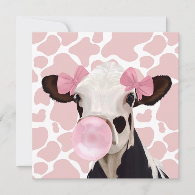 Carte Jolie fille Bubblegum rose soufflant vache (Devant)