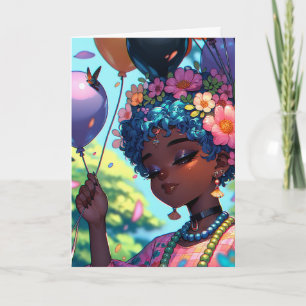 Carte Jolie fille d'Anime Noir avec ballons d'anniversai